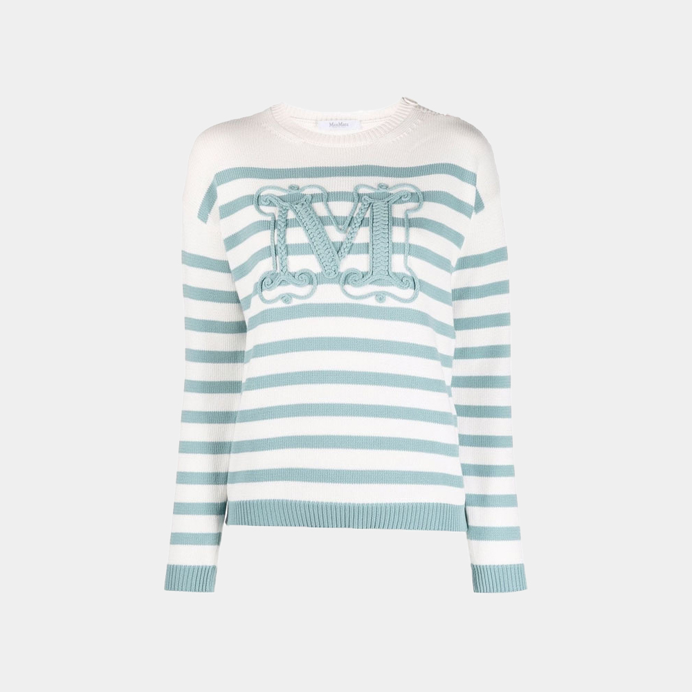 당일배송막스마라 여성 M로고 자수 코튼 스트라이프 라이트블루화이트 니트 13610321600 011